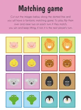 Matching game Educational Sheet. Primary module for Memory. 5-6 years old. Ed Illustrazione stock