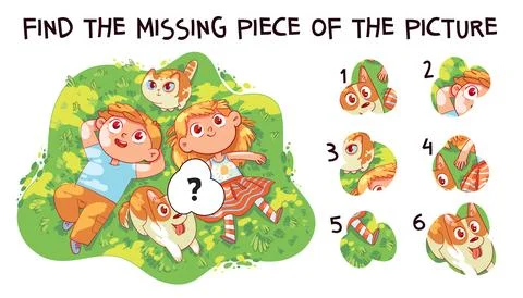 Matching game. Find the missing piece of the picture. Children and their pe.. Stock Illustration