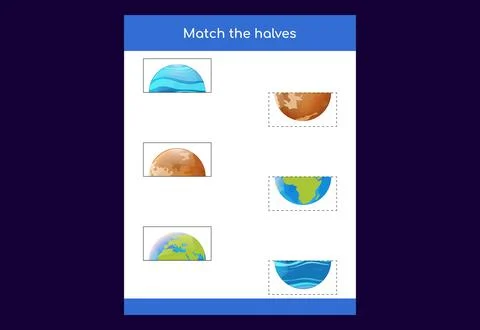 Matching game. Match halves of objects. Educational game for children, prin.. Illustrazione stock