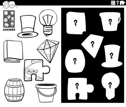 Matching shapes game with objects color book Illustrazione stock