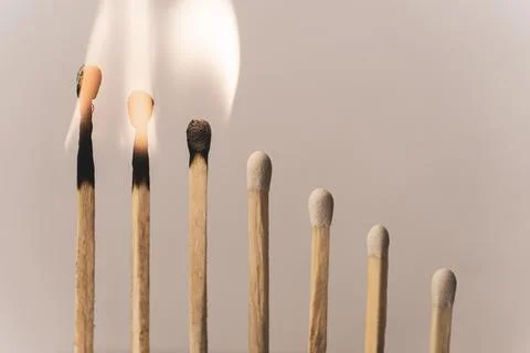 Matchsticks burning in sequence. Stock Photos