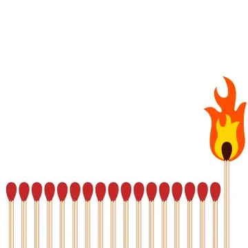 Matchsticks in a row with a unique one burning Illustrazione stock