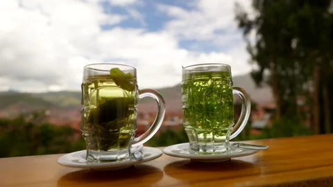 Mate de Coca and Muna Tea with Andes Backdrop in Cusco Peru Stock Footage 331404920