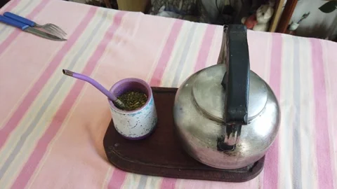 Mate Tea Set Close Up with Kettle on Wooden Tray Cozy Home Scene Stock Footage 334490863