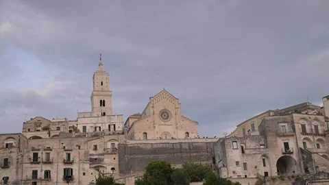 Matera Cathedral Facade and Bell Tower under Overcast Sky Stock Footage 346011811