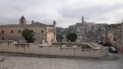 Matera landscape, wide angle, car moving Video stock 83704802