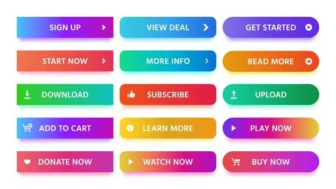 Material design button. Modern colorful gradients, vivid color buttons with.. Stock Illustration