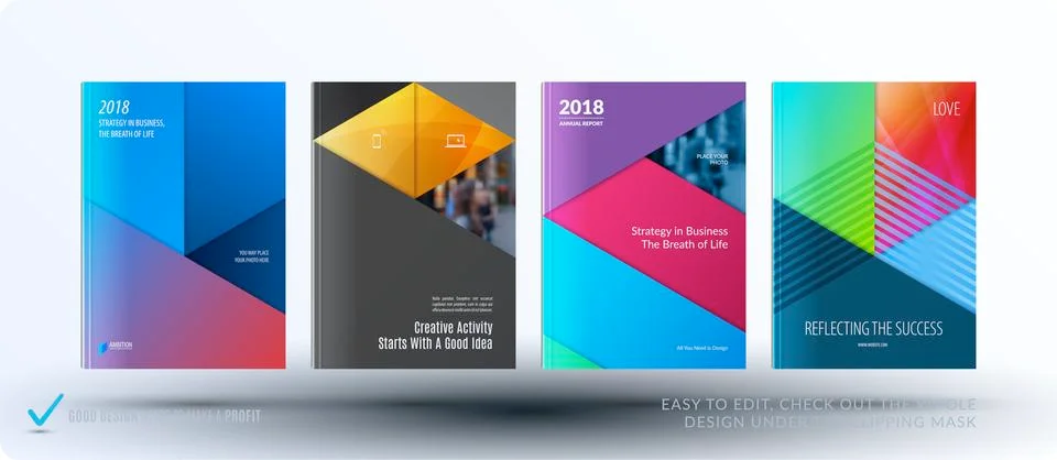 Material design template. Creative colourful abstract brochure set, annual Stock Illustration