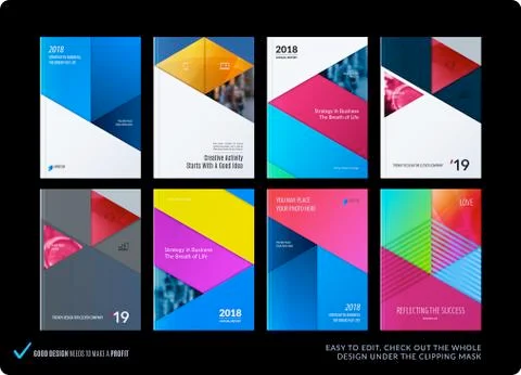 Material design template. Creative red colourful abstract brochure set, annual Stock Illustration