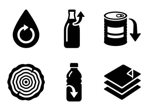 Material Recycling Icon Set with Bottle Can and Wood Ring Stock Illustration