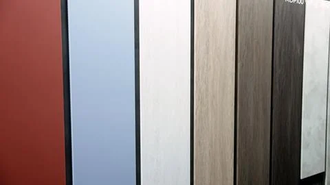 Material samples displaying color palette and wood textures Foto stock
