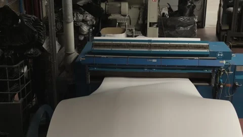 Material Web Feeding into Machine with Brush Bar, Textile Workshop, Medium Shot Stock-Footage 341299733