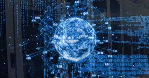Materializing 3D globe rotating while labels emerging and code streams expanding Stock Footage 311031945