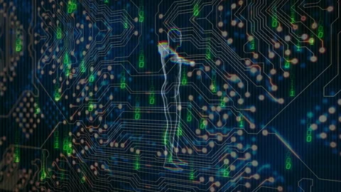 Materializing neon humanoid outline rotating to T-pose while scanning binary Stock Footage 313307253