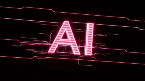 Materializing neon magenta AI logo scaling up and glowing against black void, Stock Footage 337964579