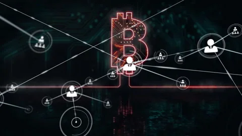 Materializing red neon Bitcoin symbol pulsing launching user nodes, linking Stock Footage 312656625