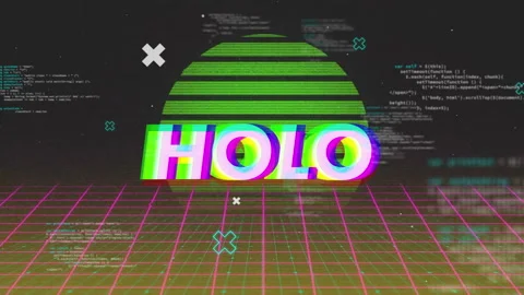 Materializing semi-circle revealing sliding HOLO logo above neon grid floor with Stock Footage 311474547