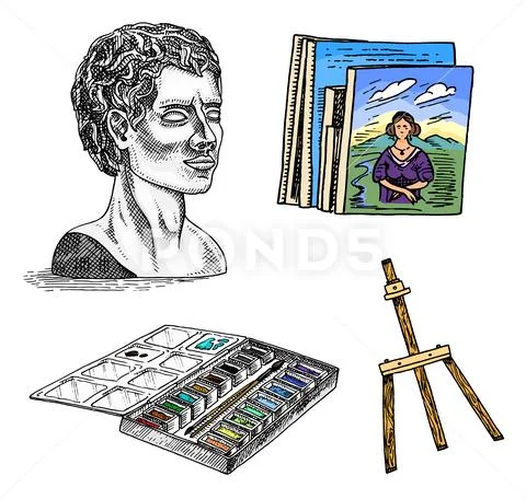 Materials and tools for the artist. Gypsum head and an easel, painting with Stock Illustration