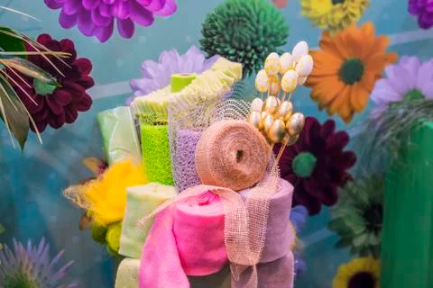 Materials for the decoration of bouquets. cards for Easter, wreaths and craft Foto stock