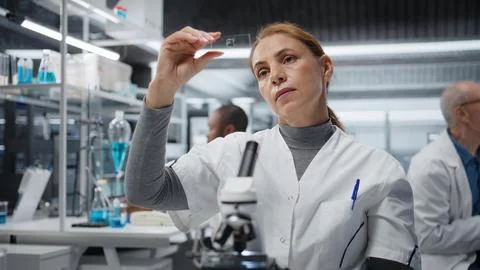 Materials scientist inspecting thin glass slide for structural defects in lab Stock Photos