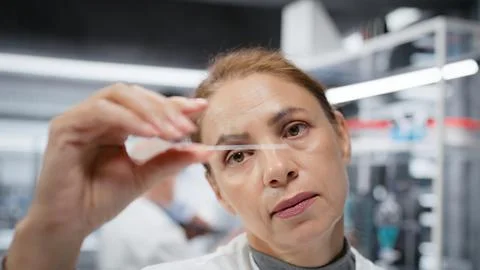 Materials scientist inspecting thin glass slide for structural defects in lab Stock Photos