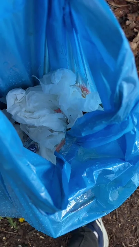Materials such as tissues and packaging gathered in blue bag during cleanup Stock Footage 335434157