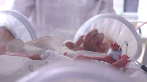 Maternity centre. .Severely ill newborn in incubator, intensive hospital therapy Stock Footage 87397879