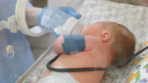 Maternity home concept. Saving life of infant. Premature baby in incubator under Stock Footage 114681293