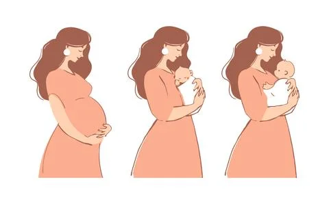 Maternity stages flat icon set. Pregnant woman, mommy hugging a newborn bab.. Stock Illustration