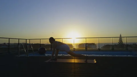 Maternity Yoga Sunset Rooftop Pool Fitness Stock Footage 319125733