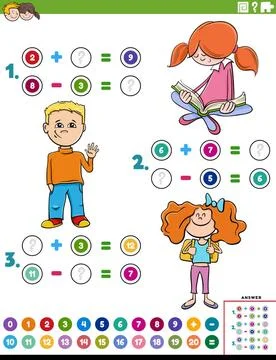 Math addition and subtraction educational task with kids Cartoon illustrat... Stock Photos