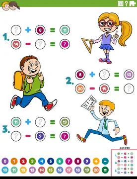 Math addition and subtraction educational task with kids Cartoon illustrat... Stock Photos