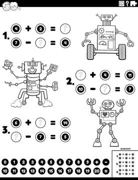 Math addition and subtraction task with robots coloring book page Black an... Stock Photos
