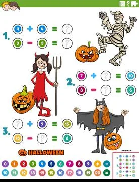 Math addition and subtraction task with children on Halloween Cartoon illu... Stock Photos