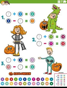 Math addition and subtraction task with kids on Halloween Cartoon illustra... Stock Photos