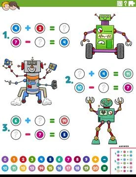 Math addition and subtraction task with cartoon robots Cartoon illustratio... Stock Photos