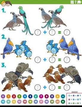 Math addition educational task with birds characters Cartoon illustration ... Stock Photos