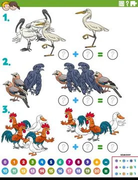 Math addition educational task with cartoon birds characters Cartoon illus... Stock Photos