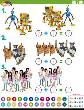Math addition educational task with cartoon characters Cartoon illustratio... Stock Photos
