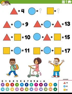 Math addition educational task with children characters Cartoon illustrati... Stock Photos
