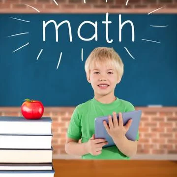Math against red apple on pile of books in classroom Stock Illustration
