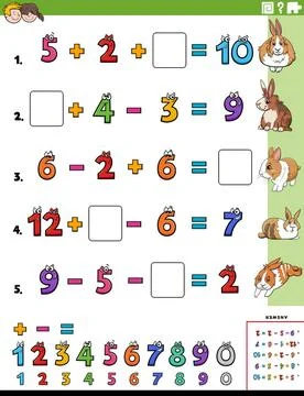 Math calculation educational task for children with cartoon rabbits Cartoo... Stock Photos