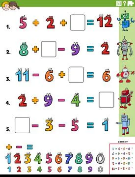 Math calculation educational task worksheet page for children Stock Illustration