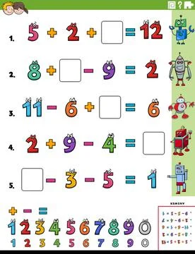 Math calculation educational task worksheet page for children Cartoon illu... Stock Photos