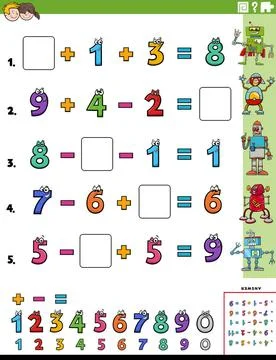 Math calculation educational task worksheet page for children Cartoon illu... Stock Photos