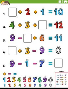 Math calculation educational worksheet page for children Stock Illustration