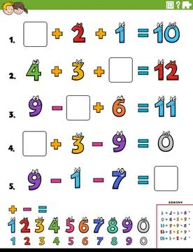 Math calculation educational worksheet page for children Cartoon illustrat... Stock Photos