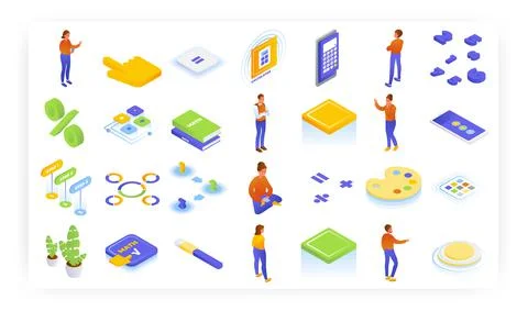 Math calculator app mobile ui design, vector isometric icon set. Online Stock Illustration