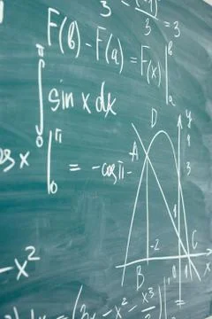 Math class. Algebra. The formulas are written on the school board Stock Photos