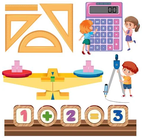 Math classroom objects with supplies and students イラスト素材